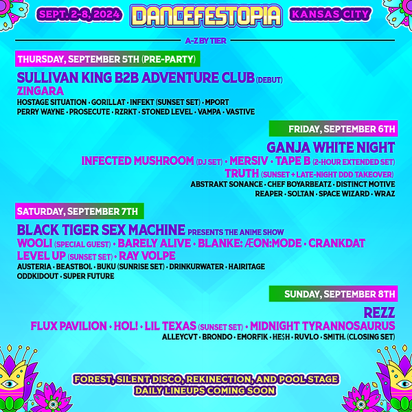 Dancefestopia 2024 Daily Lineup poster conveyed from the Dancefestopia festival website.