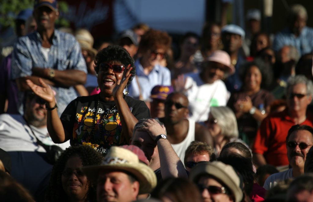 crowd cheer The Blind Boys of Alabama performing on the Campus Martius stage