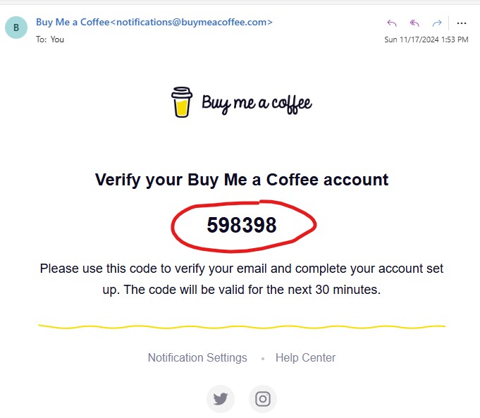 Buy me a coffee - Код за потврда