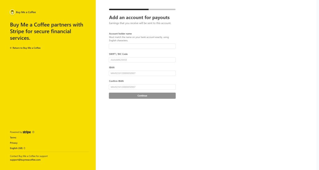 Buy me a coffee - податоци за банкарска сметка на stripe express